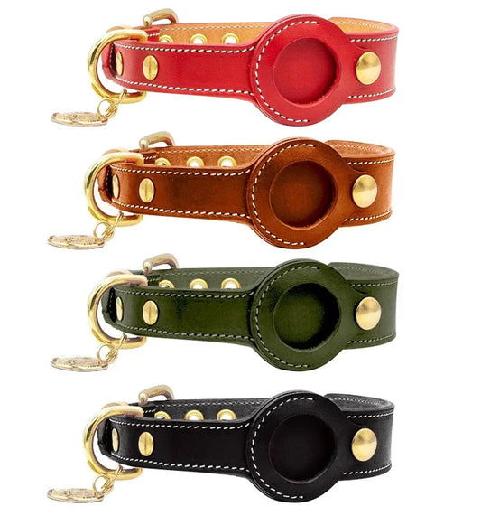 Leather Dog Collar with Airtag Holder